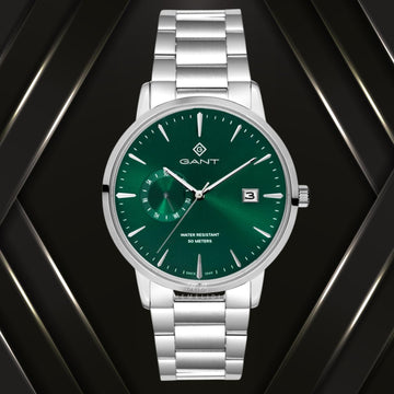 Ρολόι Gant East Hill G165019 με ασημί ατσάλινο μπρασελέ και πράσινο καντράν διαμέτρου 43mm.